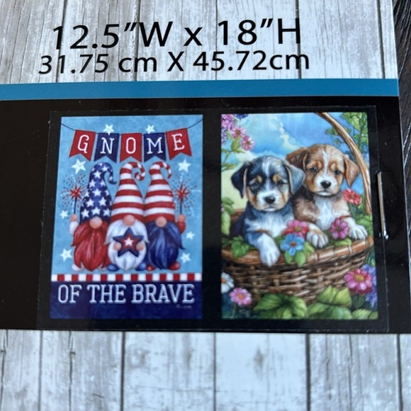 Valley View Garden Flags, 2 pack, Gnome of the Brave & puppies in flower basket - Picture 3 of 5